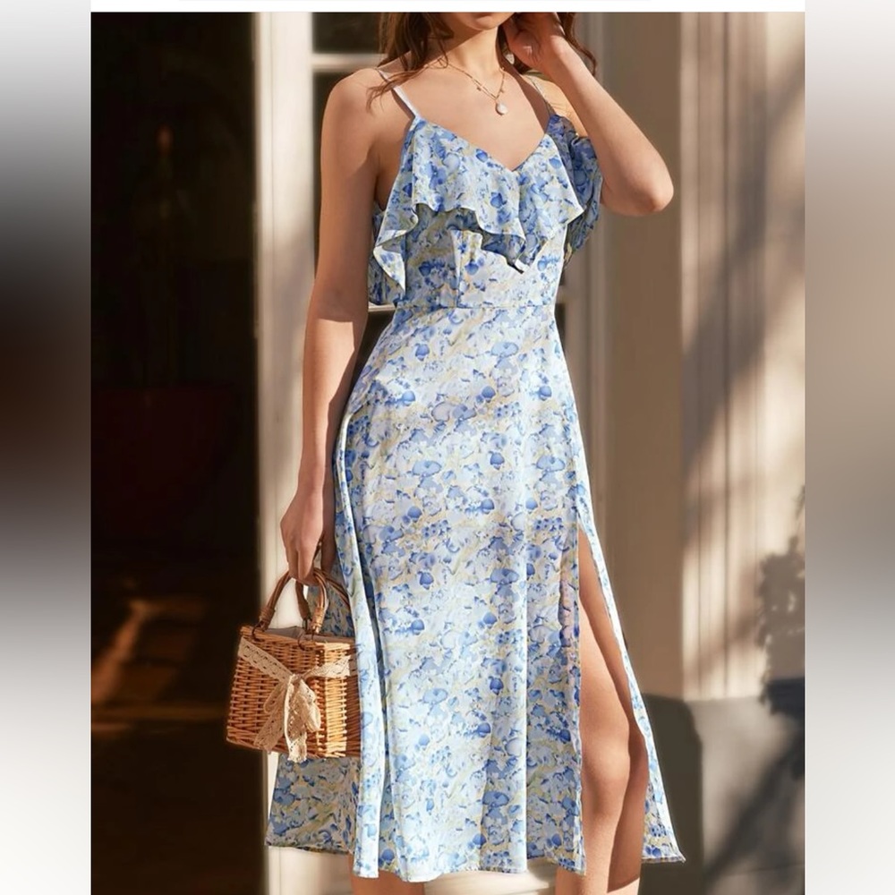 SHEIN Allover Floral Print Slit Thigh Ruffle Trim Cami Dress size 4